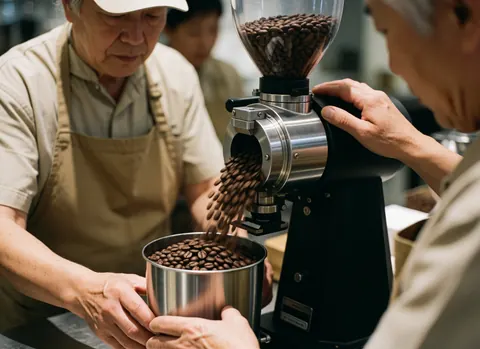 Deux hommes adultes travaillent ensemble en utilisant un moulin électrique pour moudre des grains de café dans un établissement commercial.