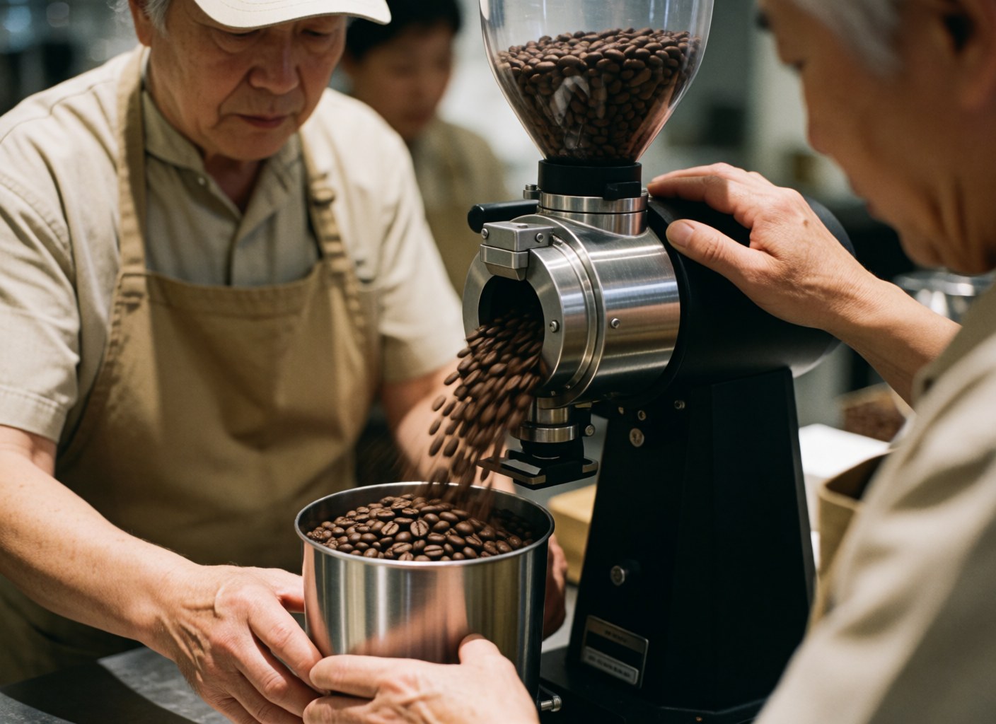 Deux hommes adultes travaillent ensemble en utilisant un moulin électrique pour moudre des grains de café dans un établissement commercial.