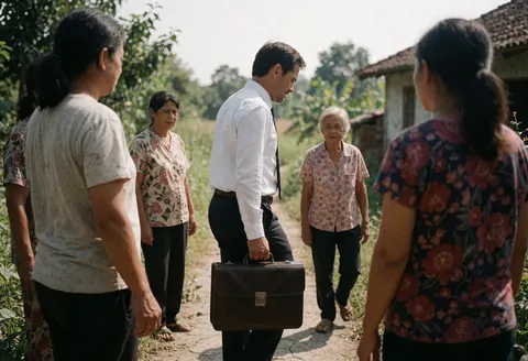 Un agent d'assurance avec une mallette marche sur un chemin rural en discutant avec plusieurs personnes.