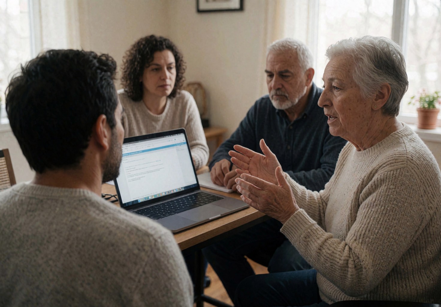 Une professeure mature donne un cours à un groupe en bureau avec ordinateur et documents.