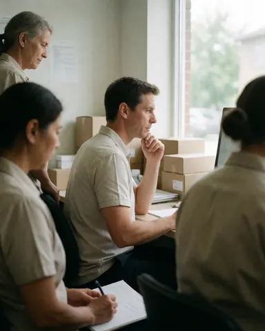 Quatre professionnels assis à leurs bureaux examinent des documents et utilisent des ordinateurs dans un espace lumineux baigné de lumière du jour.