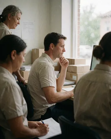 Quatre professionnels assis à leurs bureaux examinent des documents et utilisent des ordinateurs dans un espace lumineux baigné de lumière du jour.