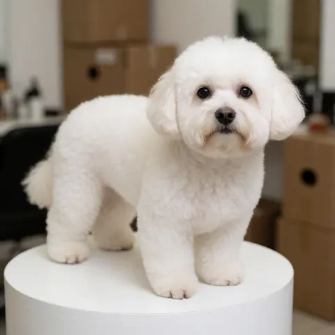 Un chien bichon blanc récemment tondu se tient debout sur un socle blanc dans un salon de toilettage canin.