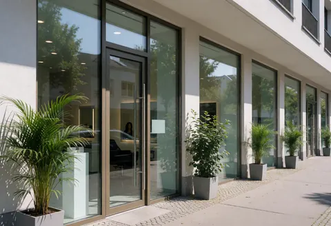 Façade contemporaine d'un salon de beauté avec de grandes baies vitrées, des portes en verre et des plantes en pot disposées devant l'entrée.
