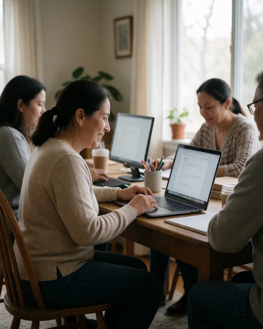 Quatre personnes collaborent autour d'une table avec des ordinateurs portables dans un environnement de bureau domestique.