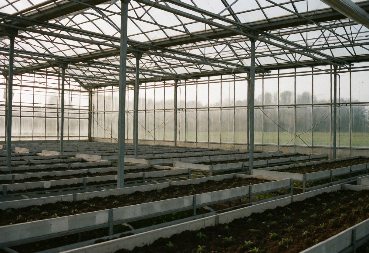 Vue intérieure d'une serre métallique avec des murs en plastique transparent abritant des rangées de jeunes plantes en pots, sans personnes présentes.