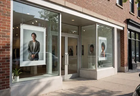 Vue extérieure d'une façade de studio photographique présentant des portraits exposés dans des vitrines et une porte d'entrée principale.