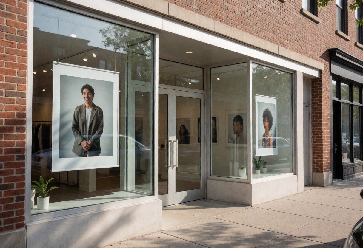 Vue extérieure d'une façade de studio photographique présentant des portraits exposés dans des vitrines et une porte d'entrée principale.