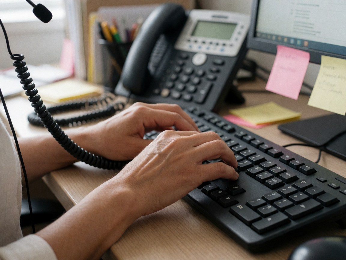 Gros plan sur des mains en train de taper sur un clavier d'ordinateur, avec un téléphone et des notes posés sur le bureau.