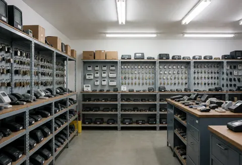 Vue d'un entrepôt de sécurité contenant des étagères remplies de serrures, cadenas et composants électroniques organisés en rangées.