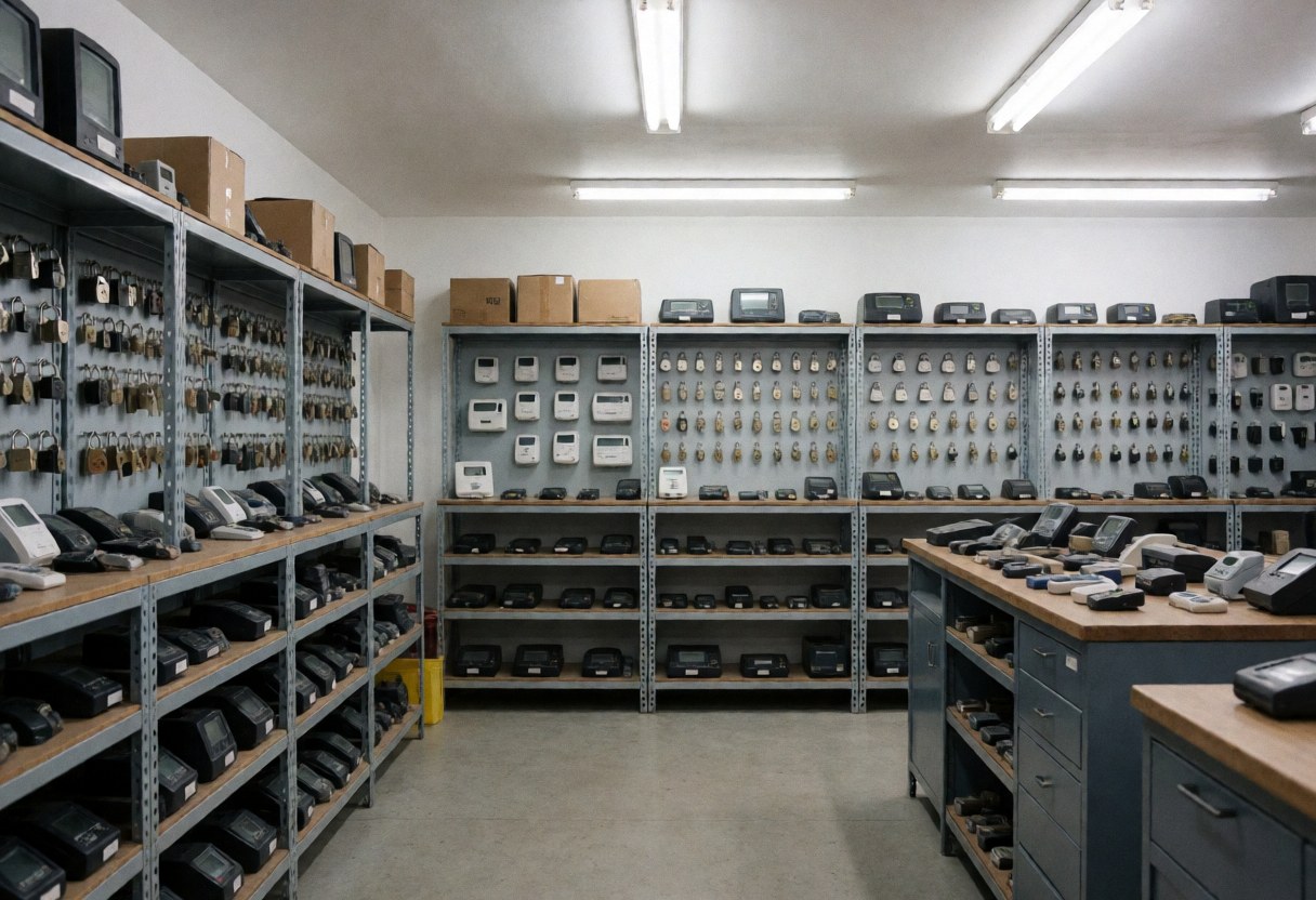 Vue d'un entrepôt de sécurité contenant des étagères remplies de serrures, cadenas et composants électroniques organisés en rangées.