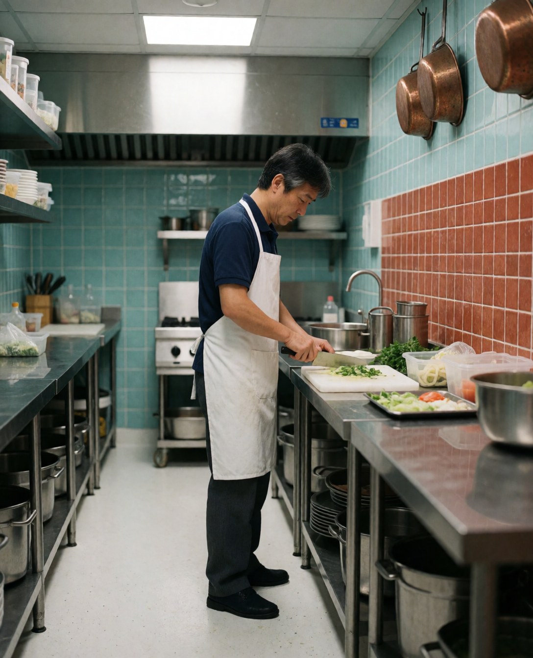Un chef homme en tablier blanc coupe des légumes sur une planche dans une cuisine aux murs carrelés.