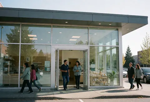 Vue de la façade vitrée d'un centre de nutrition avec des clients entrant et sortant, montrant l'intérieur lumineux et les comptoirs.