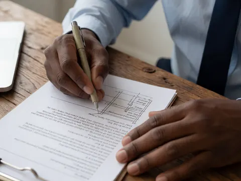 Une main signe un document contractuel sur une table en bois avec un ordinateur portable à côté.