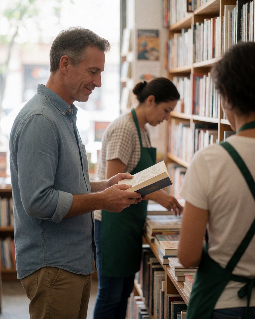Un homme lit un livre dans une librairie tandis que deux employées aident d'autres clients près des étagères.