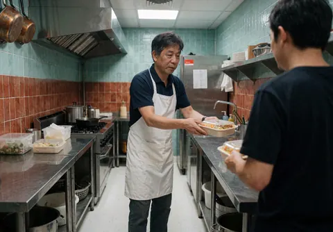 Un cuisinier remet un plat dans un restaurant tandis qu'un collègue le reçoit en cuisine.