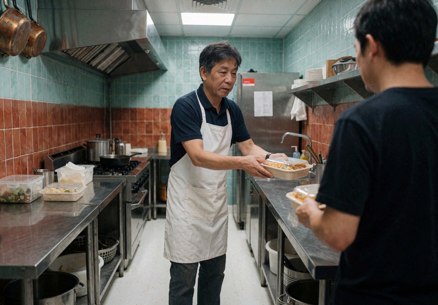 Un cuisinier remet un plat dans un restaurant tandis qu'un collègue le reçoit en cuisine.