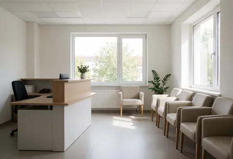Vue d'une réception d'entreprise contemporaine dotée d'un bureau d'accueil, de chaises et de grandes fenêtres laissant entrer la lumière du jour.
