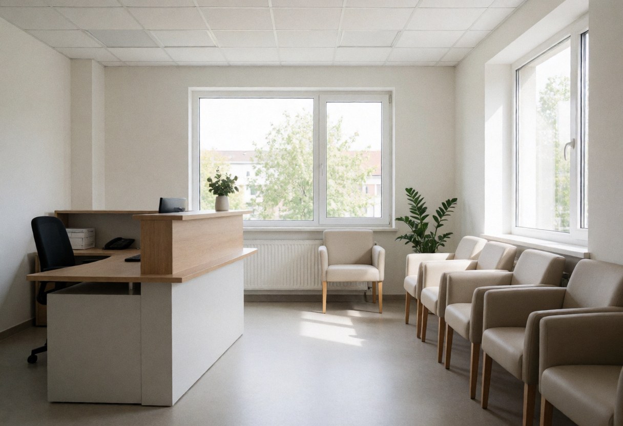 Vue d'une réception d'entreprise contemporaine dotée d'un bureau d'accueil, de chaises et de grandes fenêtres laissant entrer la lumière du jour.