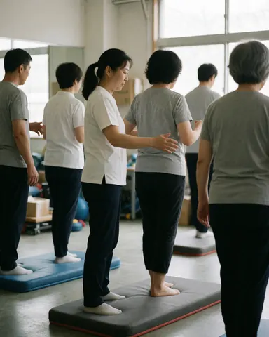Un physiothérapeute aide des seniors à réaliser des exercices de mobilité dans une salle de thérapie.