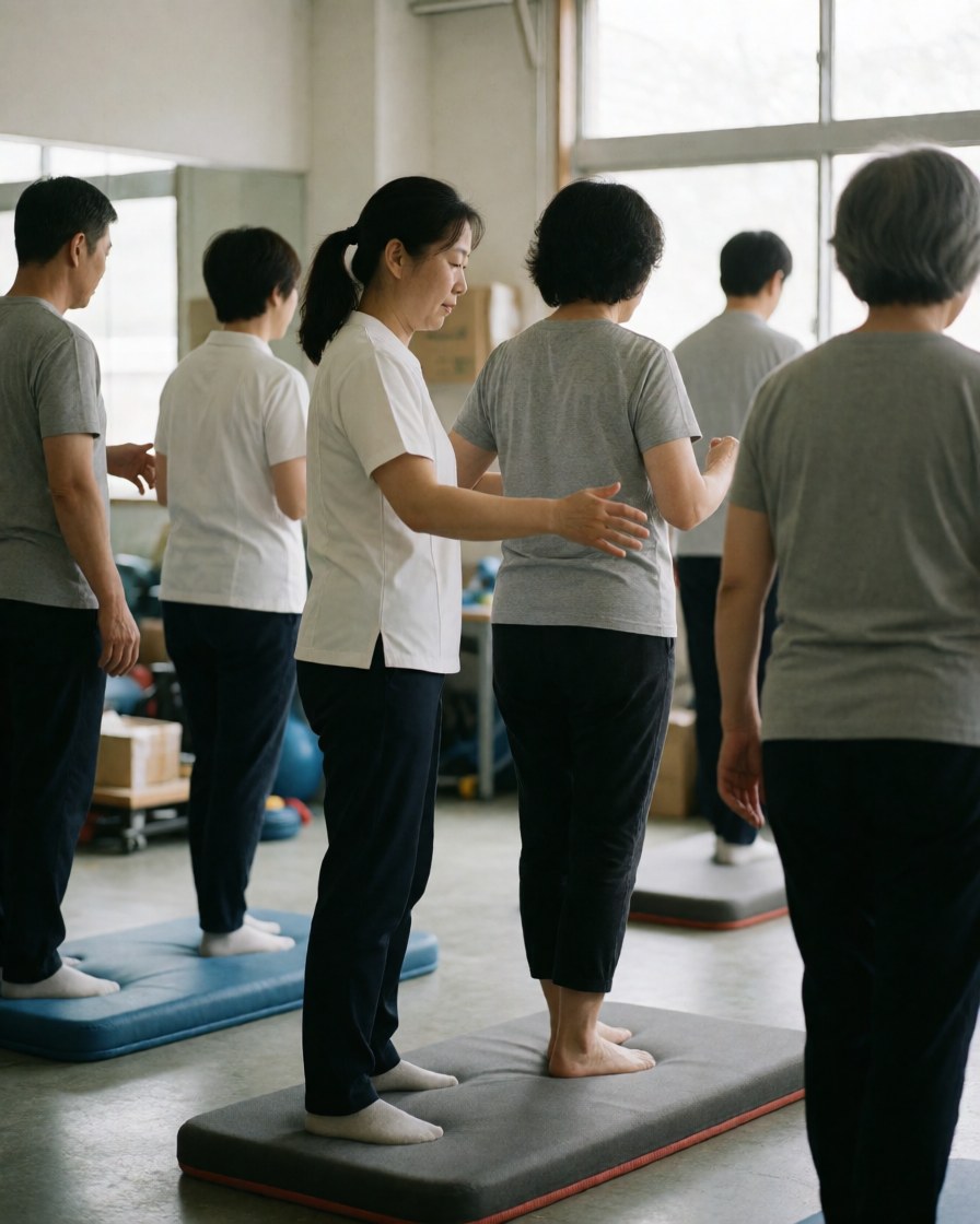 Un physiothérapeute aide des seniors à réaliser des exercices de mobilité dans une salle de thérapie.