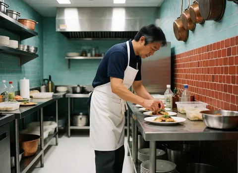 Un chef adulte prépare un repas dans une cuisine équipée de carreaux et d'ustensiles suspendus, illustrant le travail culinaire professionnel.