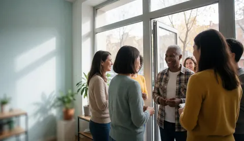 Un groupe diversifié de personnes sourit en entrant par la porte d'un bâtiment éducatif moderne baigné de lumière naturelle.