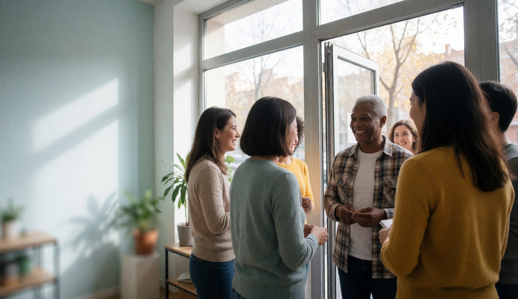 Un groupe diversifié de personnes sourit en entrant par la porte d'un bâtiment éducatif moderne baigné de lumière naturelle.