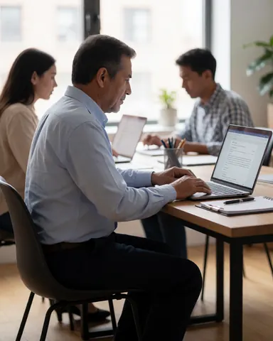 Un homme d'affaires mature utilise un ordinateur portable sur son bureau pendant que ses collègues travaillent autour de lui dans un environnement professionnel.