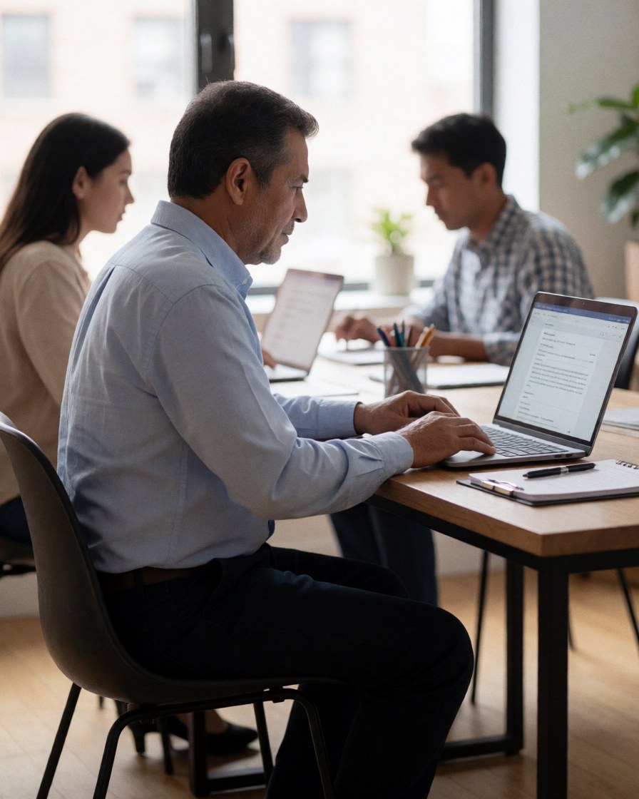 Un homme d'affaires mature utilise un ordinateur portable sur son bureau pendant que ses collègues travaillent autour de lui dans un environnement professionnel.