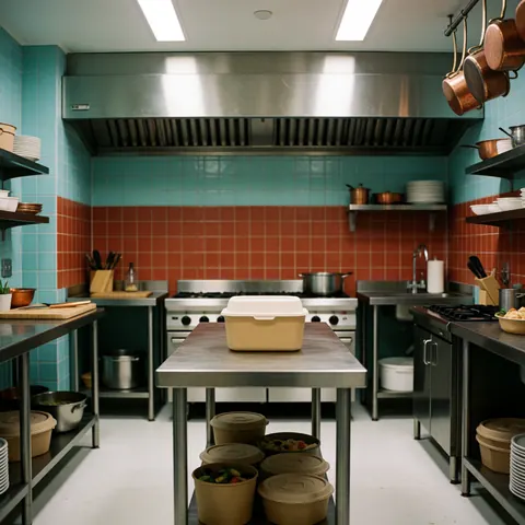 Des conteneurs remplis de plats prêts à être servis ou livrés dans une cuisine professionnelle.