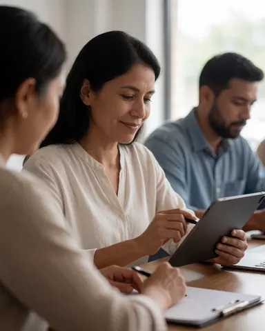 Une femme entrepreneuse utilise une tablette lors d'une réunion professionnelle avec d'autres collaborateurs dans un espace de coworking.