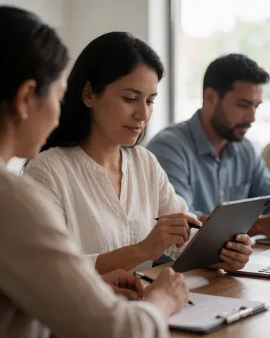 Une femme entrepreneuse utilise une tablette lors d'une réunion professionnelle avec d'autres collaborateurs dans un espace de coworking.