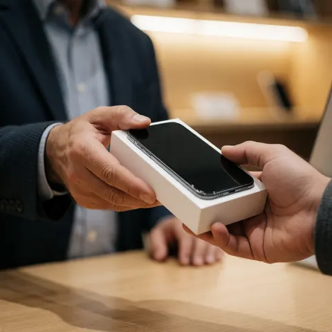 Un client reçoit un nouveau smartphone dans une boîte blanche des mains d'un employé dans un magasin de technologie.