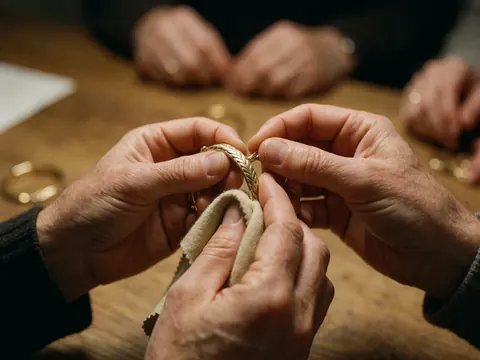 Des mains travaillant minutieusement sur un bracelet en or avec un chiffon doux sur une table en bois, mettant en valeur le détail et la brillance du bijou.