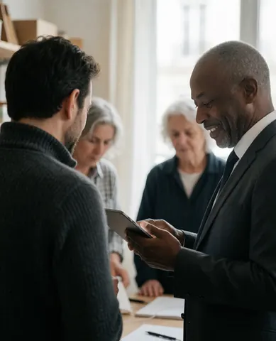 Un conseiller affiche un sourire tout en présentant des informations sur une tablette numérique à un client dans un environnement de bureau professionnel.