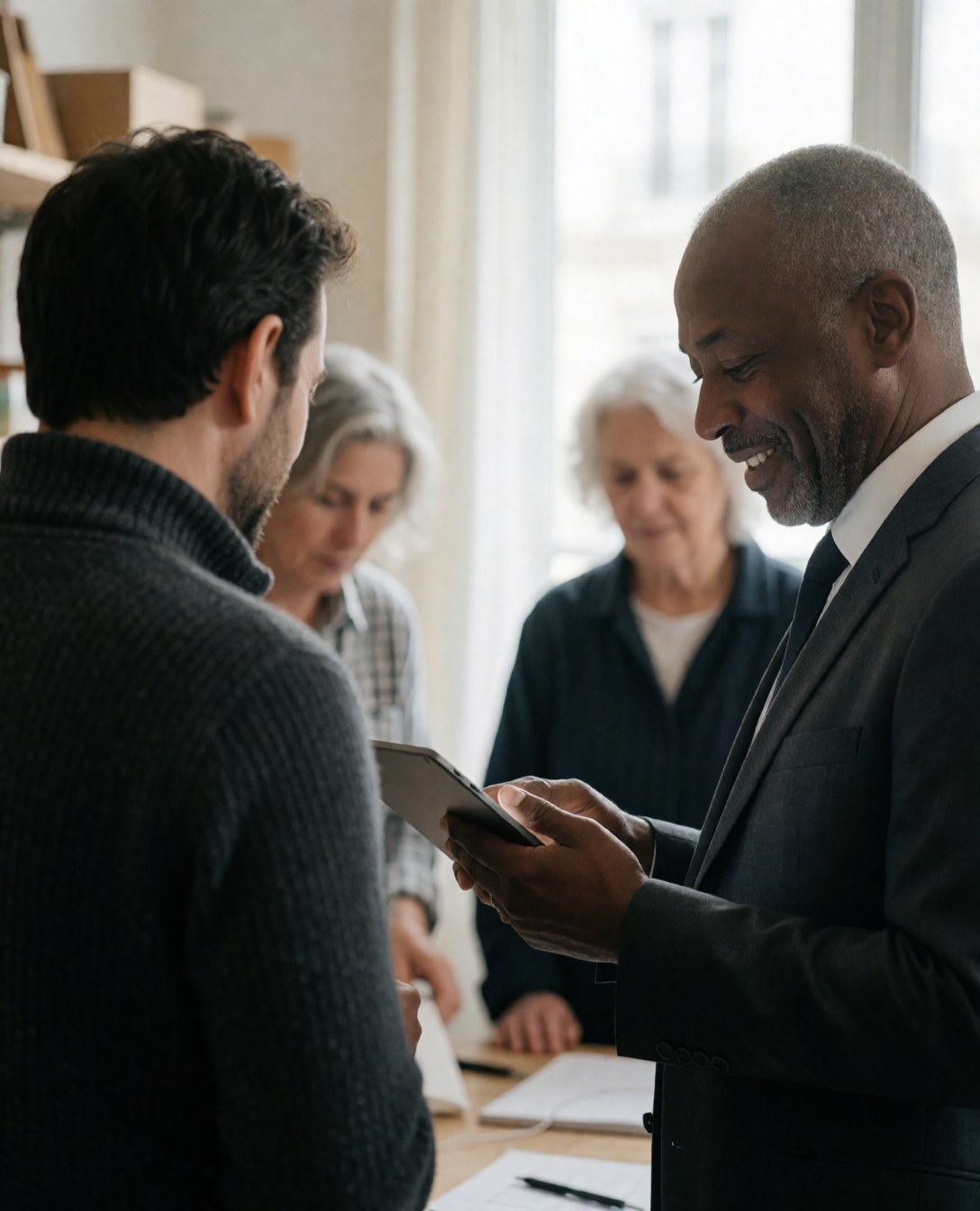 Un conseiller affiche un sourire tout en présentant des informations sur une tablette numérique à un client dans un environnement de bureau professionnel.