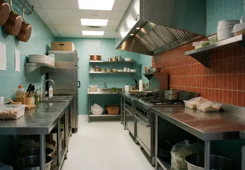 Vue d'ensemble d'une cuisine professionnelle équipée de fours, de comptoirs et d'ustensiles de cuisine sur fond de murs turquoise.