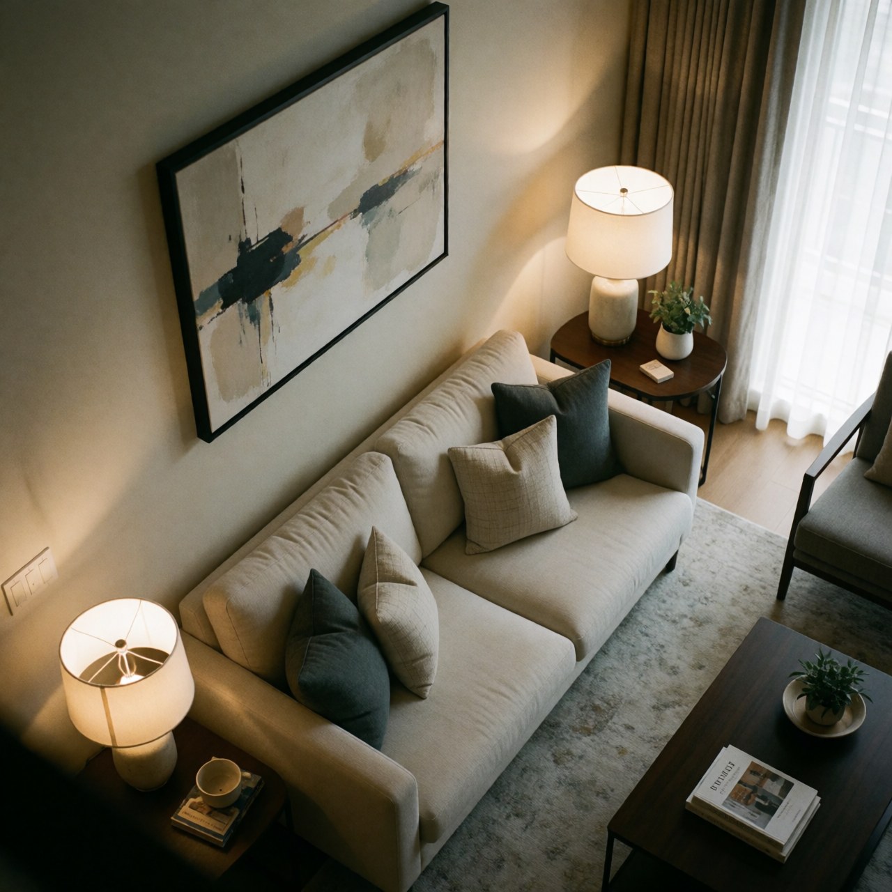 Intérieur contemporain affichant un canapé beige, des luminaires élégants, une toile abstraite au mur et des meubles de design dans un cadre neutre.
