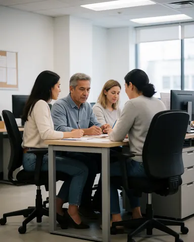 Quatre personnes professionnelles assises à une table de bureau, examinant des documents et prenant des notes sur leurs ordinateurs portables.