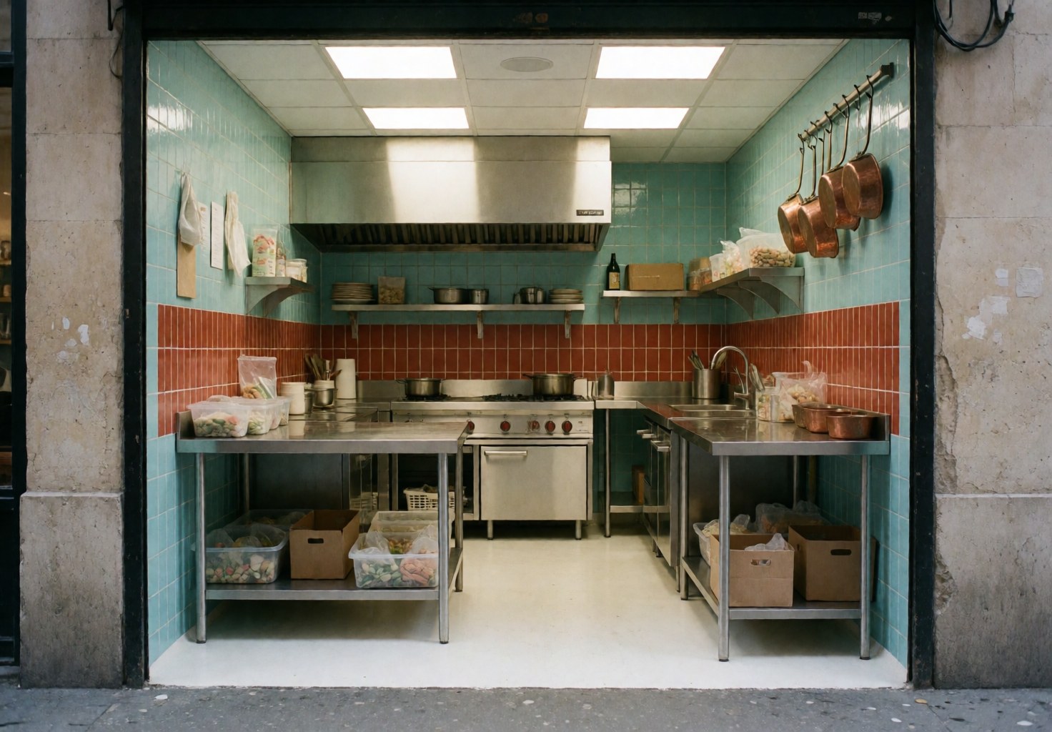 Vue d'ensemble d'une cuisine professionnelle de traiteur équipée de fours, grilles, casseroles et ustensiles, sur fond de murs turquoise et rouge.
