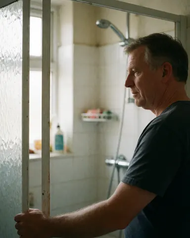Un homme d'âge mûr se tient dans une douche avec un robinet, tenant la porte en verre embuée.