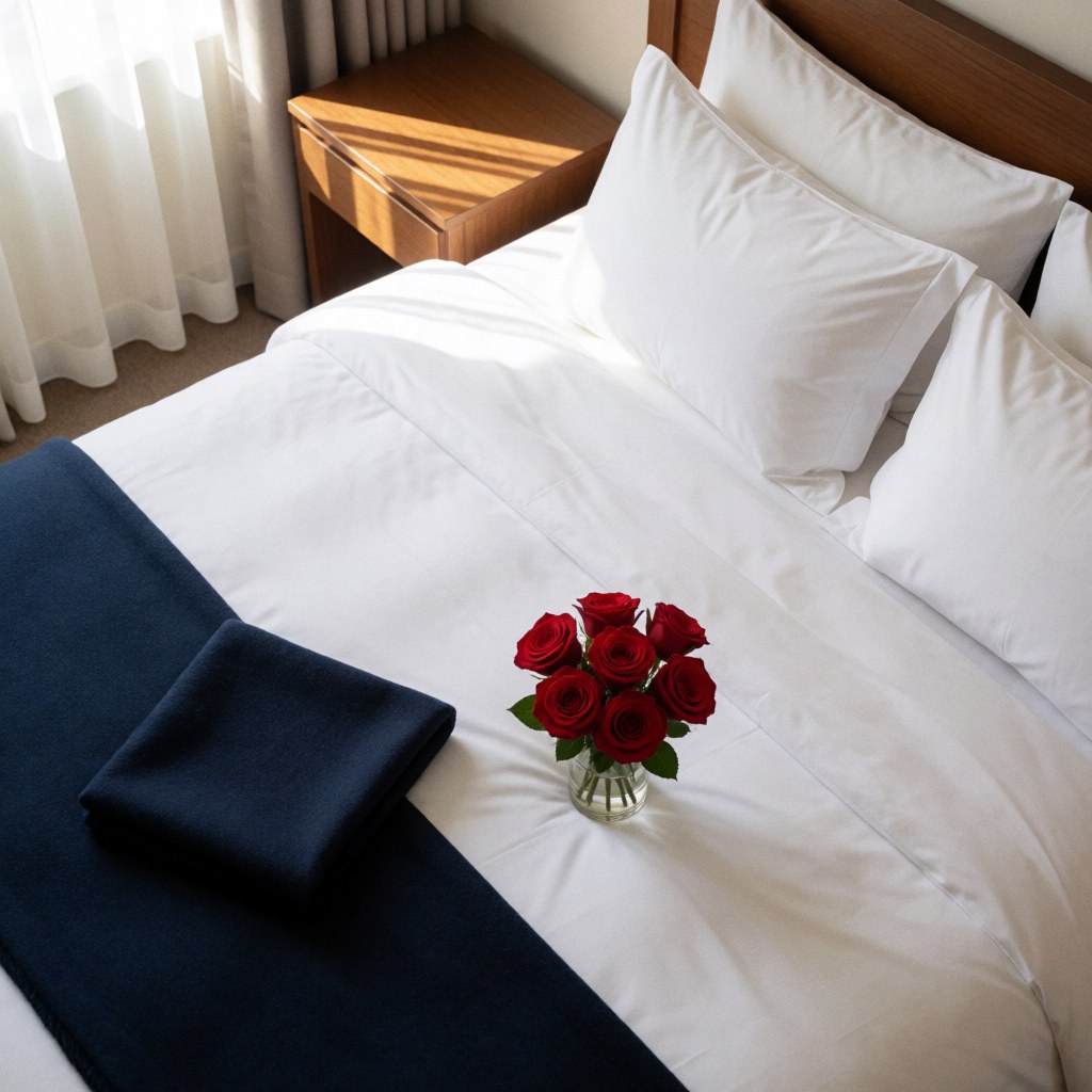Lit fait avec draps blancs, une nappe bleue et un bouquet de roses rouges dans un vase en cristal sur la table.