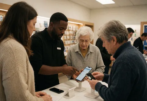 Un conseiller technologique aide deux personnes âgées à utiliser leurs smartphones dans un magasin d'électronique.
