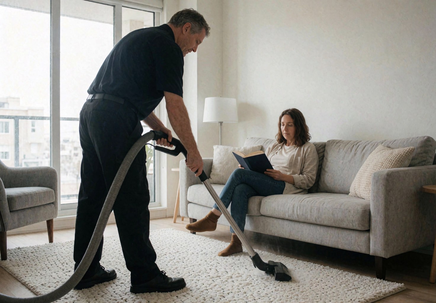 Un homme utilise un aspirateur sur une moquette blanche tandis qu'une femme lit un livre posé sur un canapé gris.