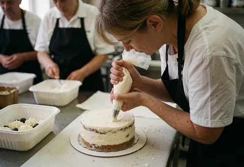 Une cuisinière en tablier noir et chemise blanche décore un gâteau avec une poche à crème dans une cuisine professionnelle.
