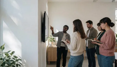 Un instructeur présente à un groupe d'étudiants devant un écran, tous prennent des notes avec des cahiers et des stylos.