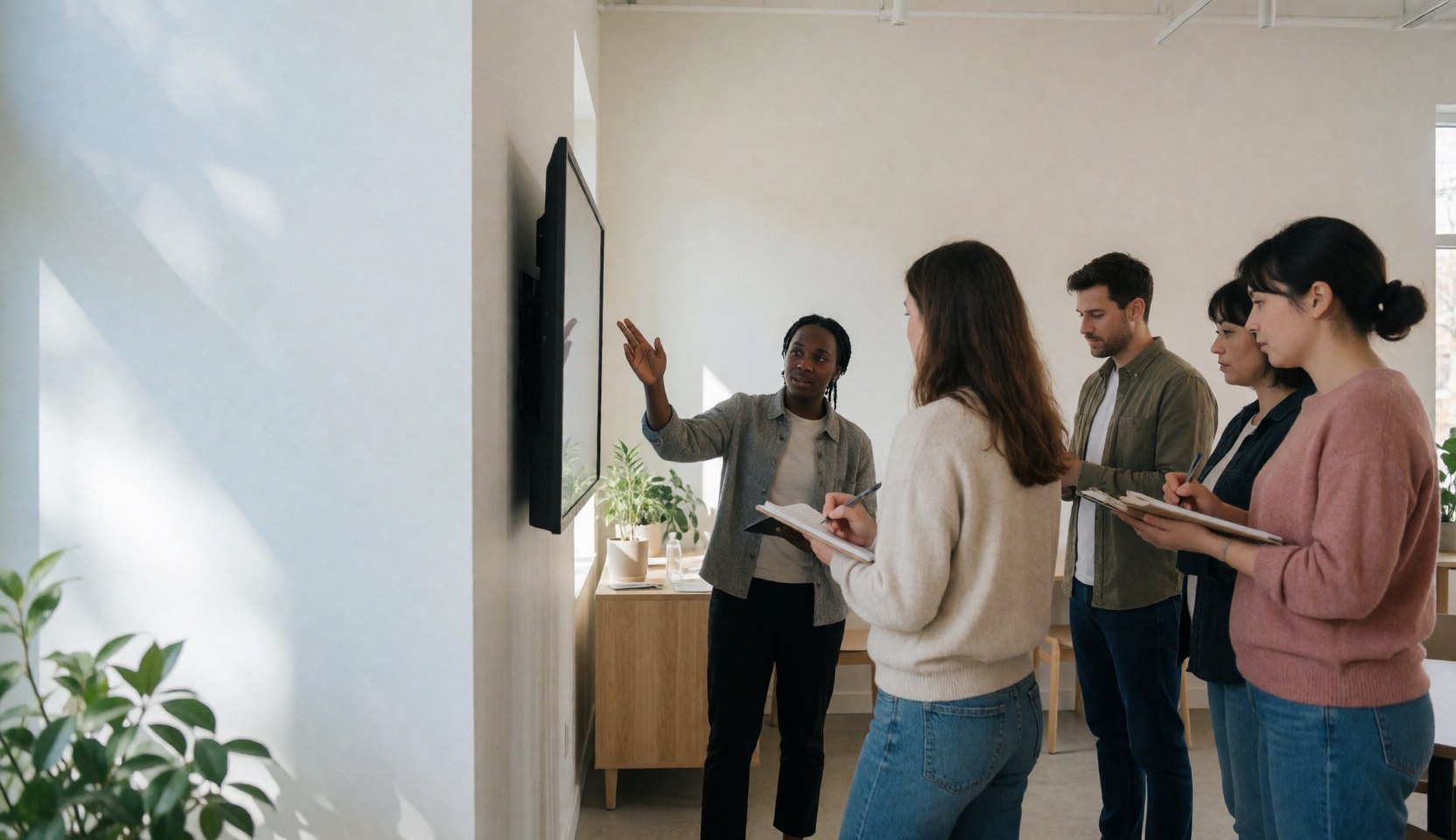 Un instructeur présente à un groupe d'étudiants devant un écran, tous prennent des notes avec des cahiers et des stylos.