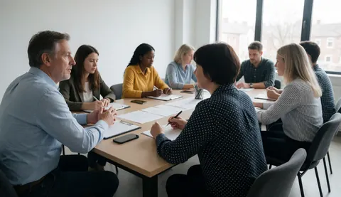 Des professionnels assis autour d'une table en réunion, prenant des notes et écoutant attentivement dans un bureau.