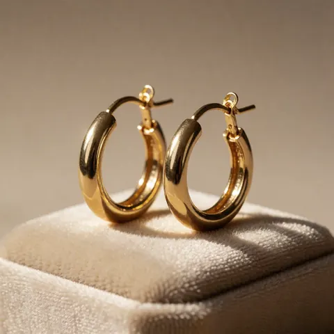 Une paire de boucles d'oreilles en or brillant repose sur un coussin en velours beige, éclairée par une lumière chaude.